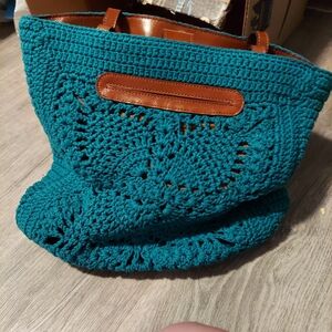 Patricia Nash Teal Crochet Shoulder Bag with Tan Accents